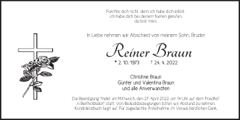 Traueranzeige von Reiner Braun von Ansbach
