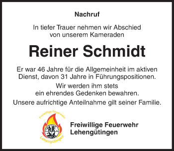 Traueranzeige von Reiner Schmidt von Dinkelsbühl/ Feuchtwangen