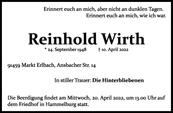 Traueranzeige von Reinhold Wirth von Neustadt/ Scheinfeld/ Uffenheim