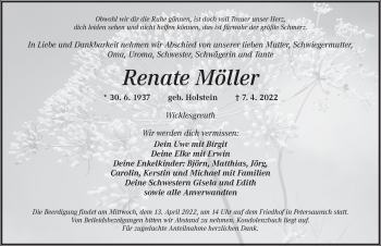 Traueranzeige von Renate Möller von Ansbach