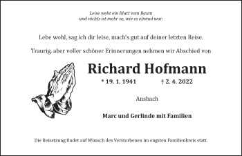 Traueranzeige von Richard Hofmann von Ansbach
