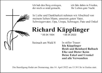 Traueranzeige von Richard Käpplinger von Rothenburg