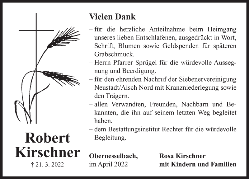  Traueranzeige für Robert Kirschner vom 09.04.2022 aus Neustadt/ Scheinfeld/ Uffenheim