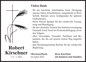 Traueranzeige von Robert Kirschner von Neustadt/ Scheinfeld/ Uffenheim