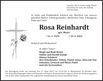 Traueranzeige von Rosa Reinhardt von Ansbach