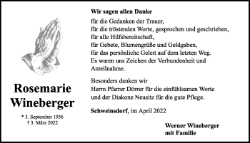 Traueranzeige von Rosemarie Wineberger von Rothenburg