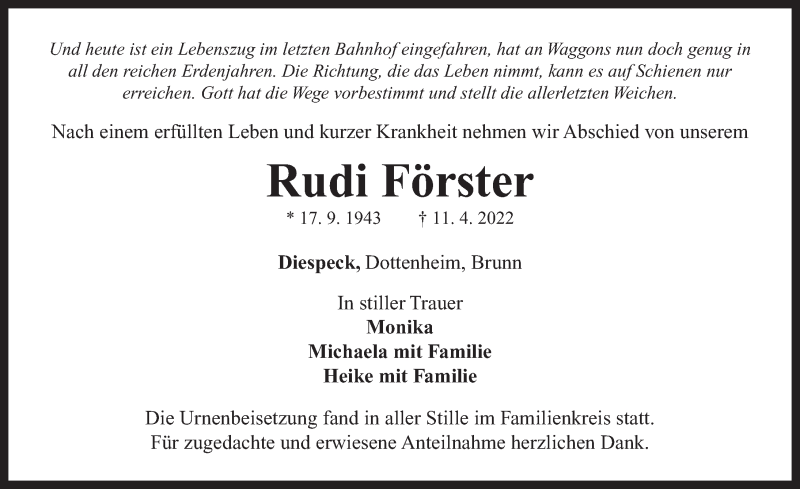  Traueranzeige für Rudi Förster vom 30.04.2022 aus Neustadt/ Scheinfeld/ Uffenheim
