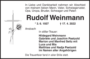Traueranzeige von Rudolf Weinmann von Ansbach