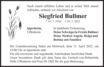 Traueranzeige von Siegfried Bullmer von Neustadt/ Scheinfeld/ Uffenheim