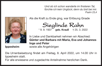 Traueranzeige von Sieglinde Rahn von Neustadt/ Scheinfeld/ Uffenheim