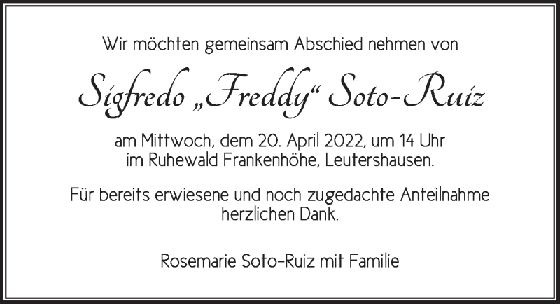  Traueranzeige für Sigfredo Soto-Ruiz vom 14.04.2022 aus Ansbach