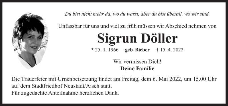  Traueranzeige für Sigrun Döller vom 30.04.2022 aus Neustadt/ Scheinfeld/ Uffenheim