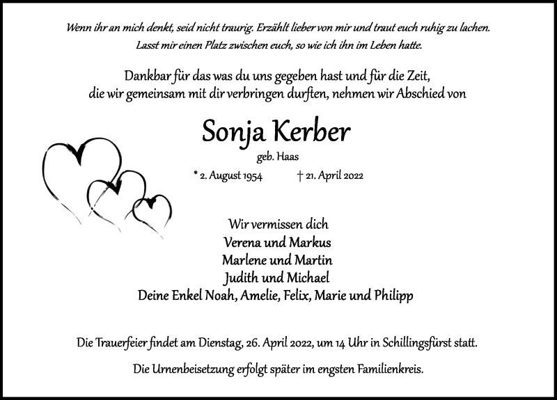  Traueranzeige für Sonja Kerber vom 25.04.2022 aus Rothenburg