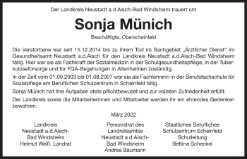 Traueranzeige von Sonja Münich von Neustadt/ Scheinfeld/ Uffenheim