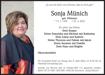 Traueranzeige von Sonja Münich von Neustadt/ Scheinfeld/ Uffenheim