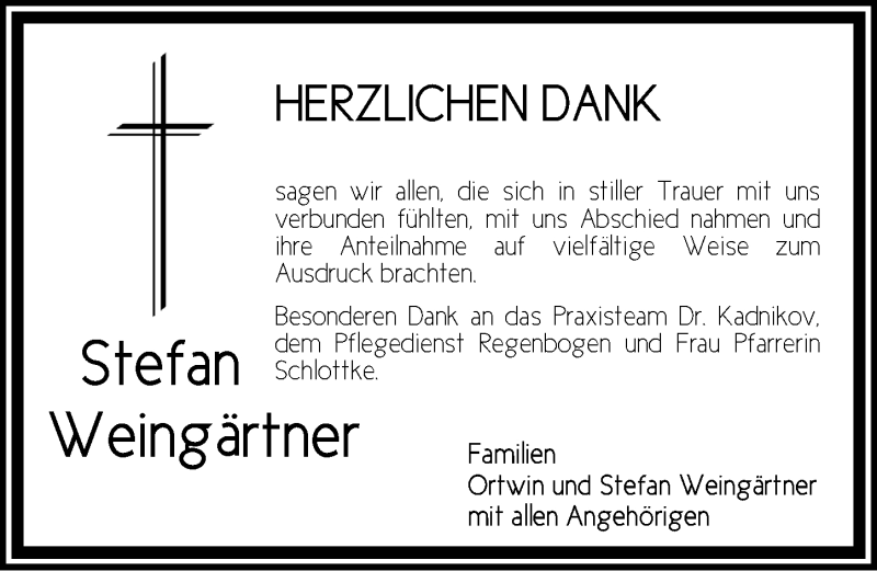  Traueranzeige für Stefan Weingärtner vom 09.04.2022 aus Rothenburg