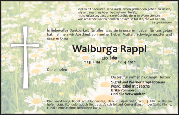 Traueranzeige von Walburga Rappl von Ansbach