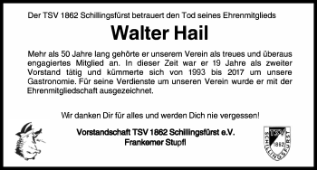 Traueranzeige von Walter Hail von Rothenburg