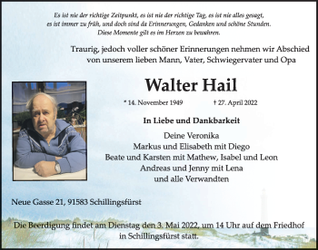 Traueranzeige von Walter Hail von Rothenburg