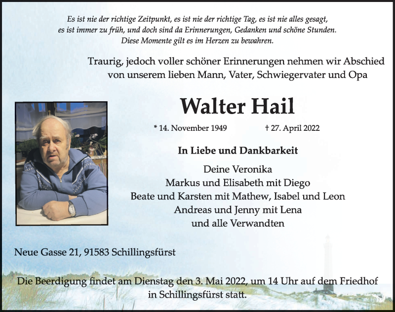 Traueranzeige für Walter Hail vom 30.04.2022 aus Rothenburg