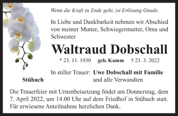 Traueranzeige von Waltraud Dobschall von Neustadt/ Scheinfeld/ Uffenheim