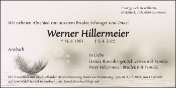 Traueranzeige von Werner Hillermeier von Ansbach