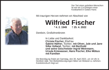 Traueranzeige von Wilfried Fischer von Dinkelsbühl/ Feuchtwangen