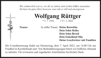 Traueranzeige von Wolfgang Rüttger von Neustadt/ Scheinfeld/ Uffenheim