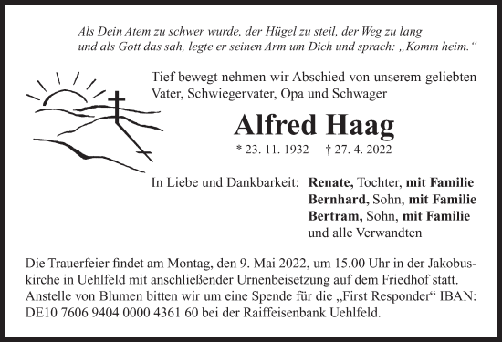 Traueranzeige von Alfred Haag von Neustadt/ Scheinfeld/ Uffenheim