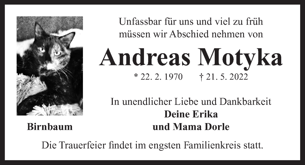  Traueranzeige für Andreas Motyka vom 25.05.2022 aus Neustadt/ Scheinfeld/ Uffenheim