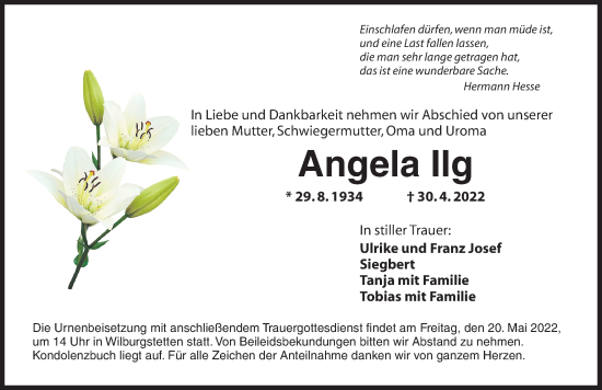 Traueranzeige von Angela Ilg von Dinkelsbühl/ Feuchtwangen