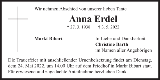 Traueranzeige von Anna Erdel von Neustadt/ Scheinfeld/ Uffenheim