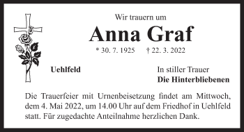 Traueranzeige von Anna Graf von Neustadt/ Scheinfeld/ Uffenheim