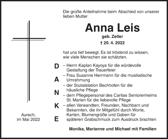 Traueranzeige von Anna Leis von Ansbach