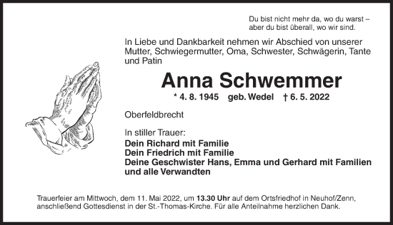 Traueranzeige von Anna Schwemmer von Ansbach