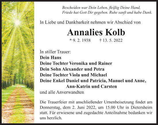 Traueranzeige von Annalies Kolb von Neustadt/ Scheinfeld/ Uffenheim