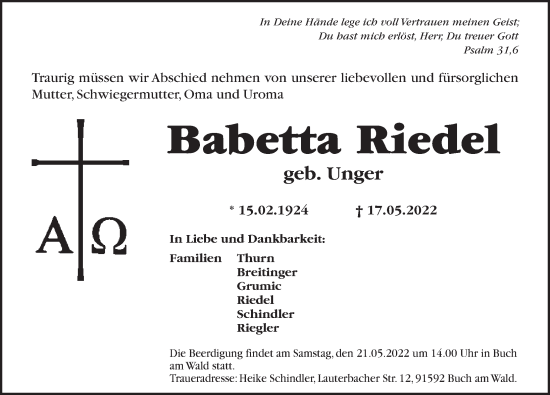Traueranzeige von Babetta Riedel von Ansbach