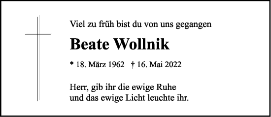 Traueranzeige von Beate Wollnik von Rothenburg