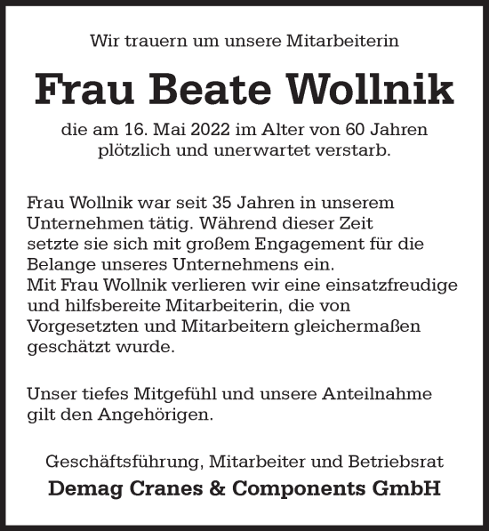 Traueranzeige von Beate Wollnik von Rothenburg