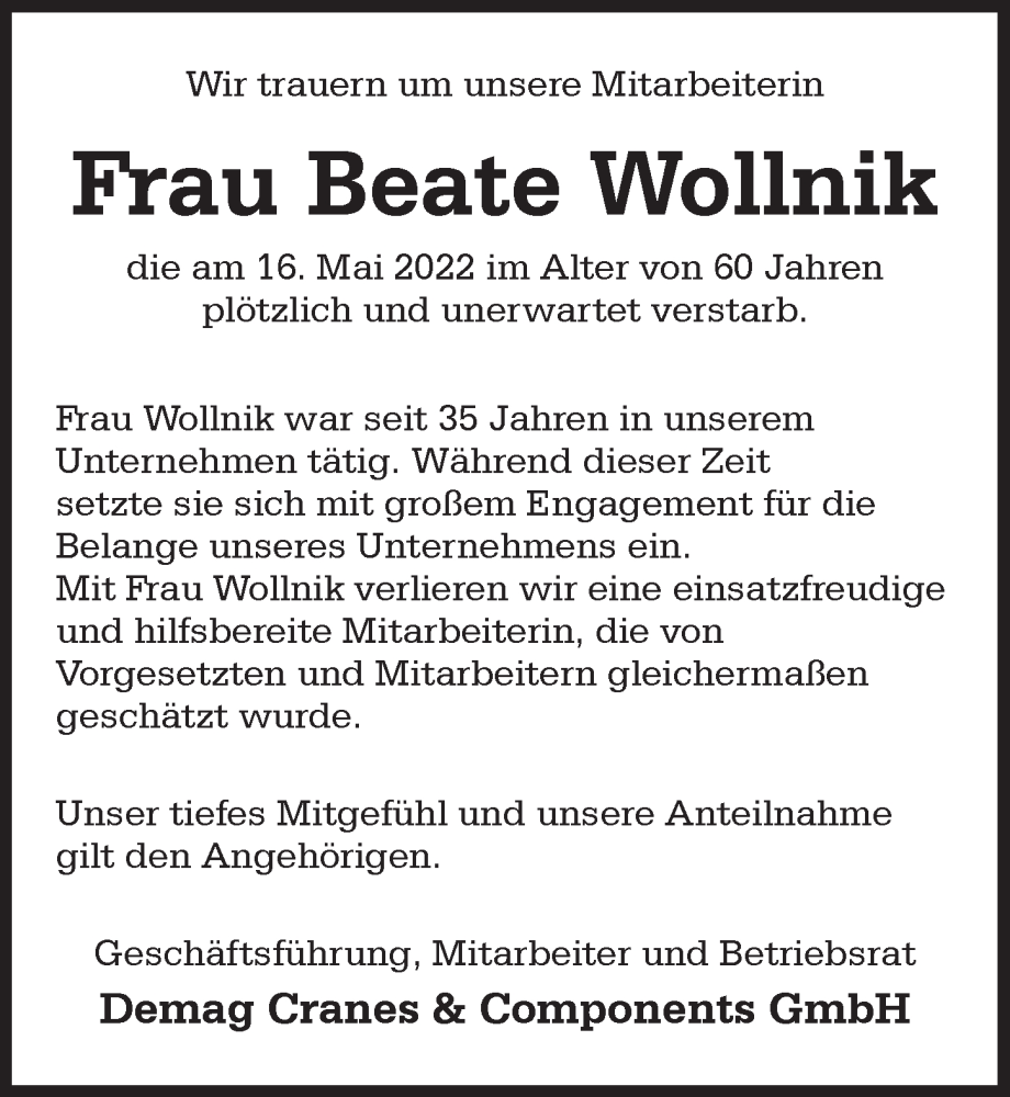  Traueranzeige für Beate Wollnik vom 25.05.2022 aus Rothenburg