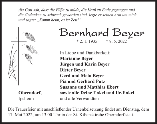 Traueranzeige von Bernhard Beyer von Neustadt/ Scheinfeld/ Uffenheim