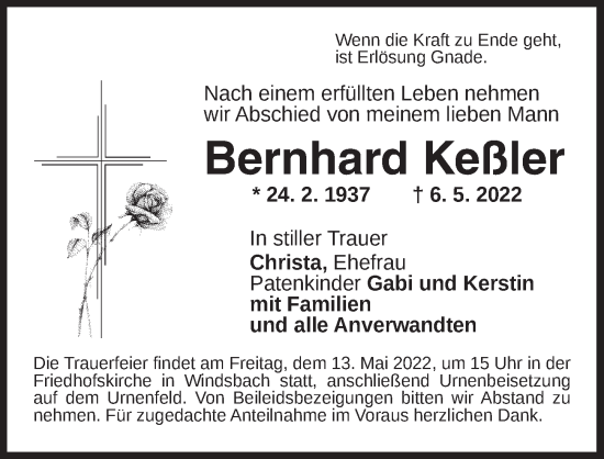 Traueranzeige von Bernhard Keßler von Ansbach