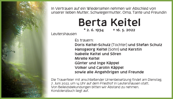 Traueranzeige von Berta Keitel von Ansbach