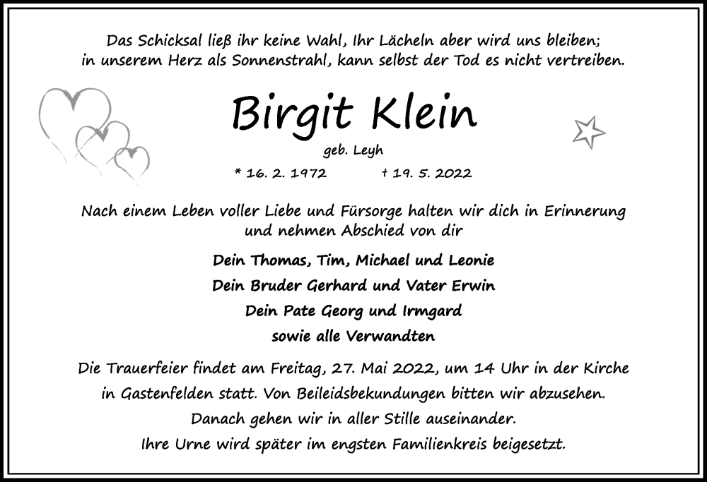  Traueranzeige für Birgit Klein vom 25.05.2022 aus Rothenburg