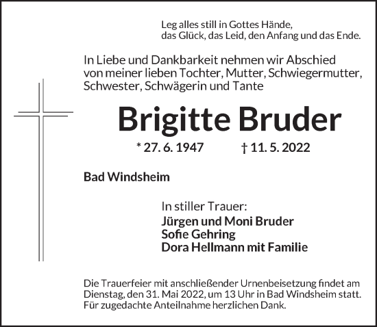 Traueranzeige von Brigitte Bruder von Neustadt/ Scheinfeld/ Uffenheim