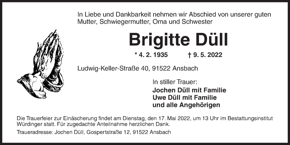  Traueranzeige für Brigitte Düll vom 14.05.2022 aus Ansbach