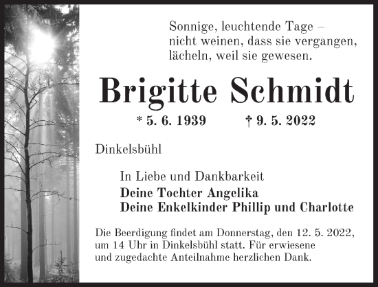 Traueranzeige von Brigitte Schmidt von Dinkelsbühl/ Feuchtwangen