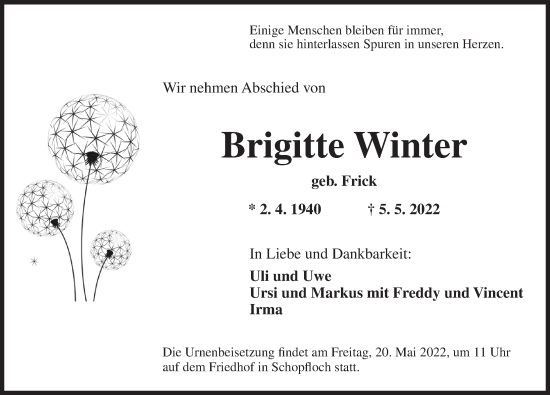 Traueranzeige von Brigitte Winter von Dinkelsbühl/ Feuchtwangen