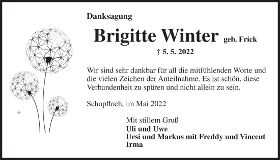 Traueranzeige von Brigitte Winter von Dinkelsbühl/ Feuchtwangen