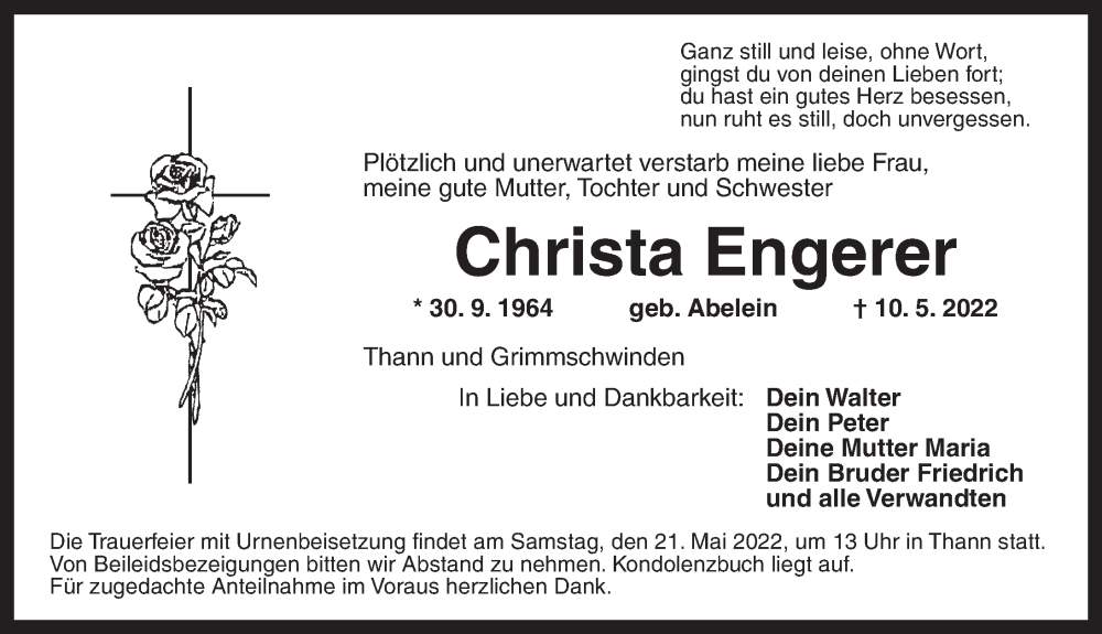  Traueranzeige für Christa Engerer vom 18.05.2022 aus Ansbach